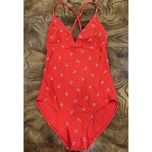 Old Navy Red Anchor One Piece Swimsuit Nautical Strappy Back Women's Medium